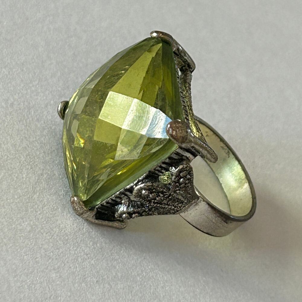Large Cocktail Ring Pale Yellow-Green Faceted Stone Gothic Setting Size 8